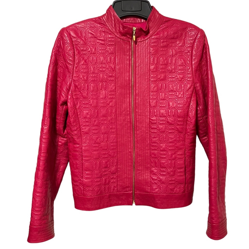 Vintage St. John Collection Embroidered Logo Pink Lamb Leather Jacket